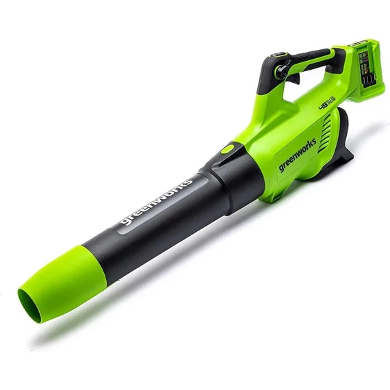 Greenworks G24x2AB 48V akkumulátoros lombfúvó 193 km/h légsebességgel, szénkefe nélküli motorral és axiális ventilátorral.