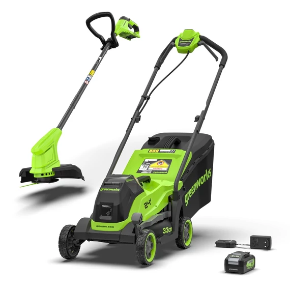 Greenworks MTCK24B410-01 akkumulátoros fűnyíró és szegélynyíró készlet akkuval és töltővel, 33 cm-es fűnyíróval és 25 cm-es szegélynyíróval.