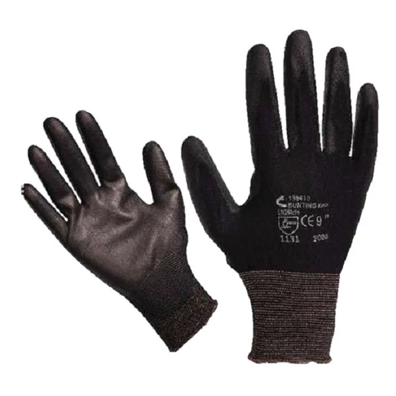 Kötött kesztyű fekete nylon, M-es méret 8`,  poliuretánba mártott teny. és ujjhegy., gumírozott mandzset