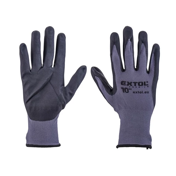 Kötött kesztyű nylon-Spandex, varrat nélküli, méret: 10` nitrilbe mártott teny. és ujjhegy, gumírozott mandzsetta