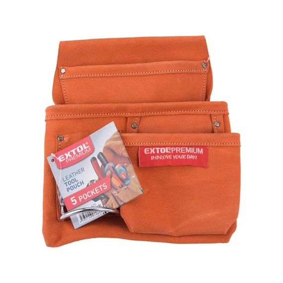 szerszámtáska ácsoknak, bőr, övre fűzhető; 5 zsebbel