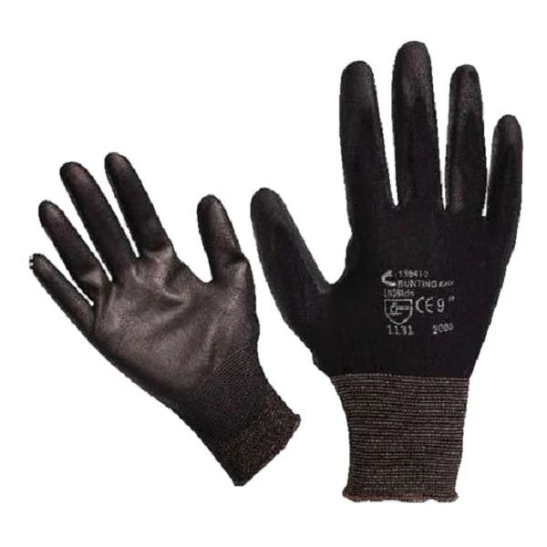 Kötött kesztyű fekete nylon, XXL-es méret, 11` poliuretánba mártott teny. és ujjhegy., gumírozott mandzs