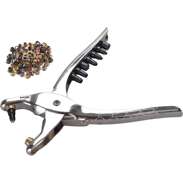 bőrlyukasztó klt.; fogó 225mm + 6 db lyukasztó fej: 2,5-3,0-3,5-4,0-4,5-5mm + 2 db szegecselő fej + 100 db szegecs