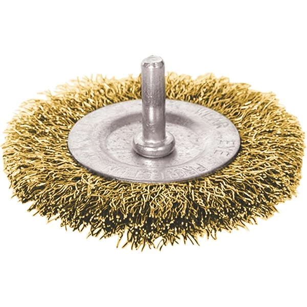 drótcsiszoló körkefe, 75mm, fúrógépbe fogható: 6mm csap, rezezett acél, max. 4500 ford/perc