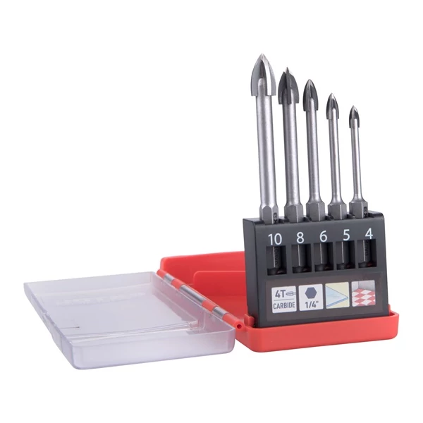 fúró klt. 5 db, üvegre, kerámiára és csempére, keményfém lapkás; 4-10 mm ×100mm, 4élü, 1/4